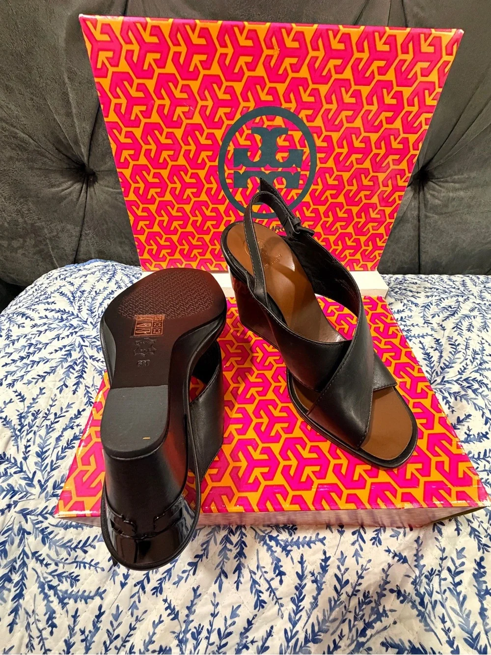 Tory Burch Black Leather Slingback Wedge Sandals